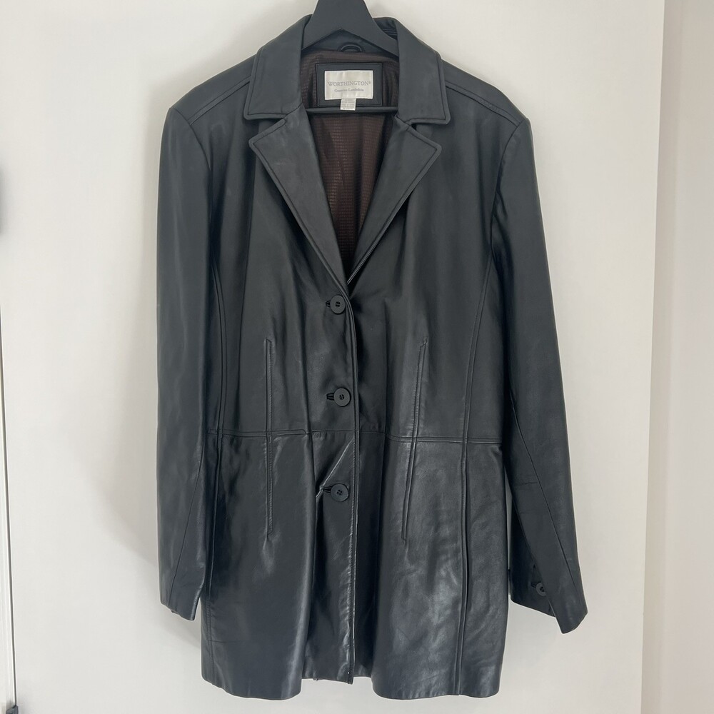 Worthington Womens XL Black Lambskin Leather Coat 3-Button Jacket Soft Warm 90s